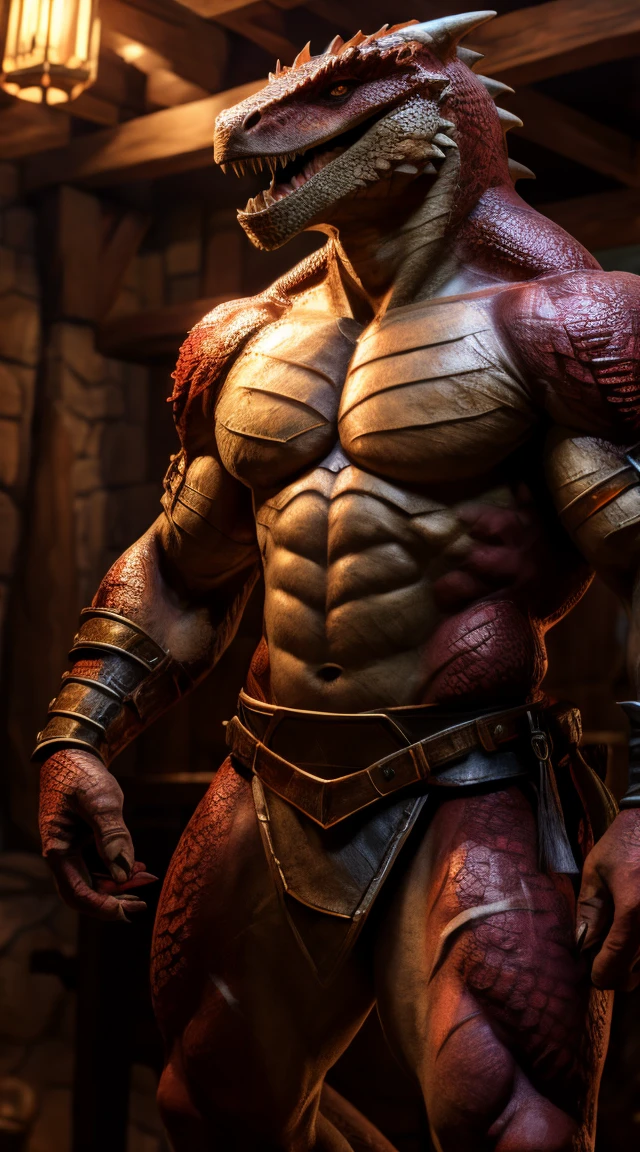 A lizard man, raptor like legs, thick long tail, scars on arms, smooth body, proporcional body, abs, toned, light belly, illustration, (best quality, 4k, highres, masterpiece:1.2), ultra-detailed, realistic,sharp focus, vivid colors, warm lighting, full body, barbarian armor, pauldrons, open wide chest, light armored, crimson scales on body, tavern background, full body