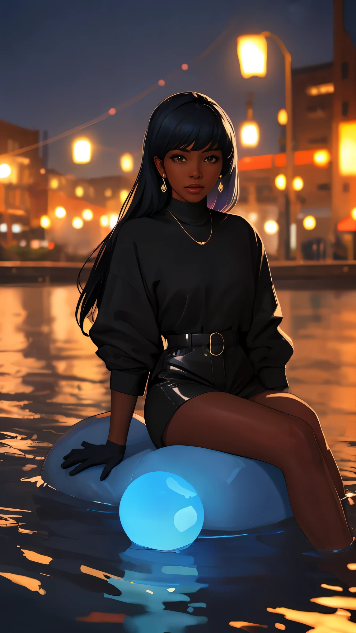 Pretty woman with dark skin sitting on a hillside,(((sitting by water))), soft should length hair, ebony nose and dark brown eyes, african american, wearing black gloves, she is calm in a playful scenery, blue lanterns floating in the water nearby, illuminating her hair, water has a blue florescent glow, clearly defined features, funkypop, cyberdelic, hyperrealistic black anime, lofi art, luminism, medium shot, attention to details, depth of field, chemiluminescence in her hair, soft background lens flare, flourescent light in her hair, character design, atey ghailan, basquiat, colorful_frequencies, electric colors, dynamic pose, nouveau realisme, city background,