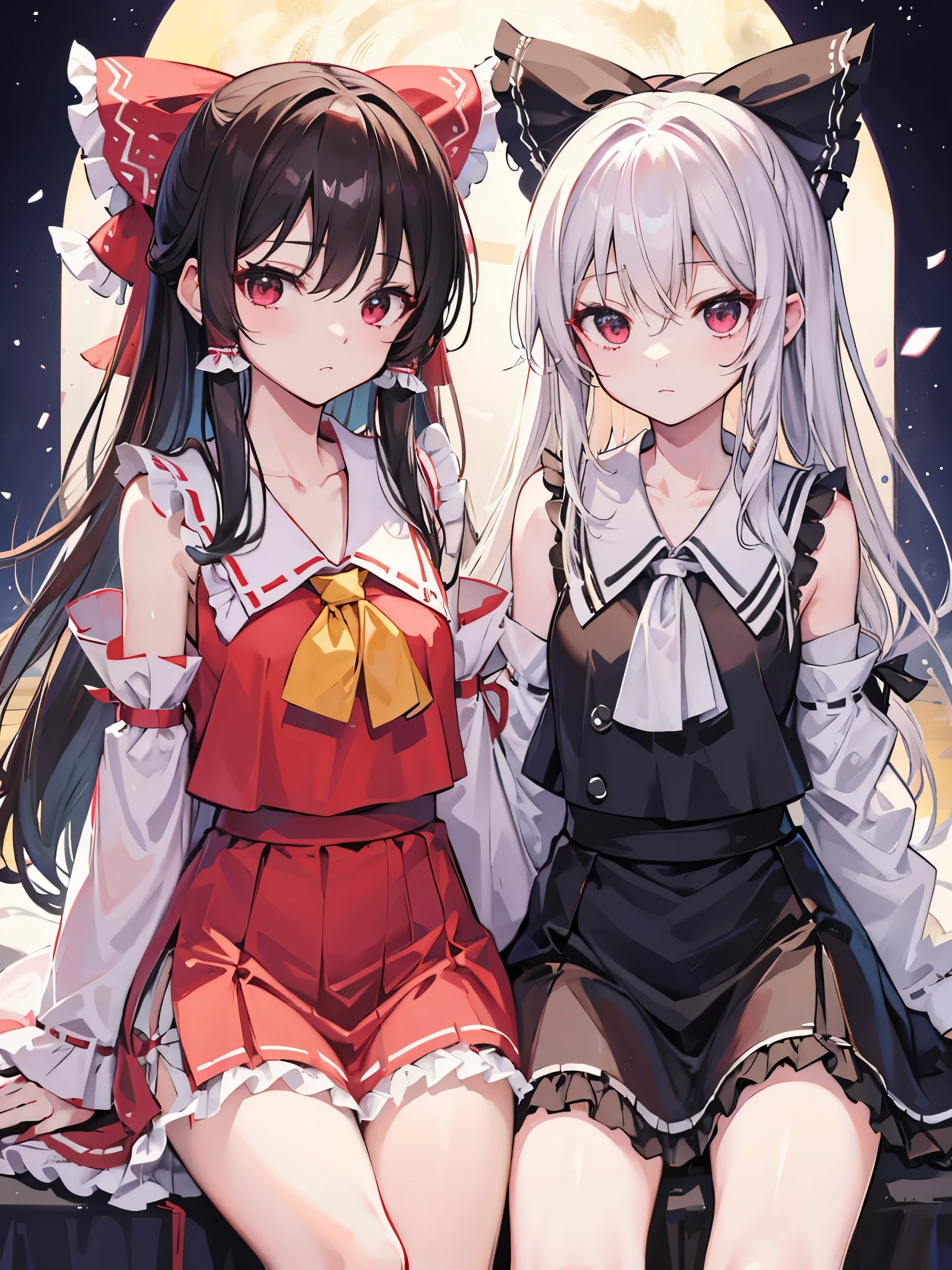 high quality, masterpiece, ultra-detailed, 2 girls, peaceful expression, beautiful and cute, shiny skin, long hair, enchanting eyes, sitting on bed, yuri, Valentine's Day balloons, lingerie, frills, bows
