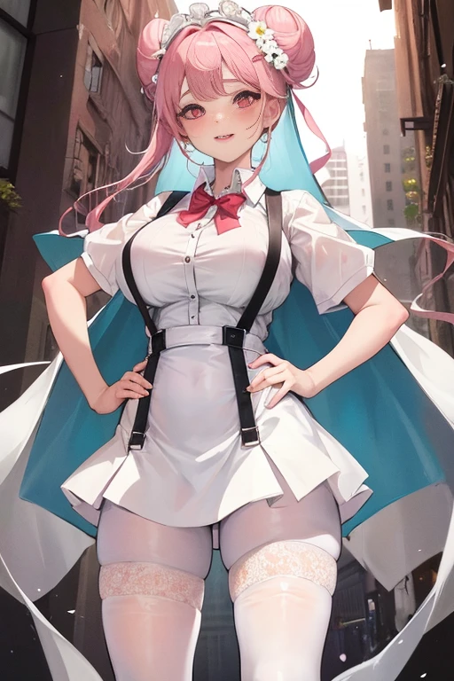 masterpiece、The best、1 female student、White cloth bun bun bun、Shoulder leakage、big breasts、chubby、Smile、White suspenders、lace leggings、light pink lips、posing at school，（Soaked all over），legs are open， solo, White polo shirt, looking at the audience,  (Thick thighs:1.0),Yazawa Nico,red eyes, Blushed,Blunt hair,hands on hips，greet，Flower headdress，Large scissorlack hair，transparent