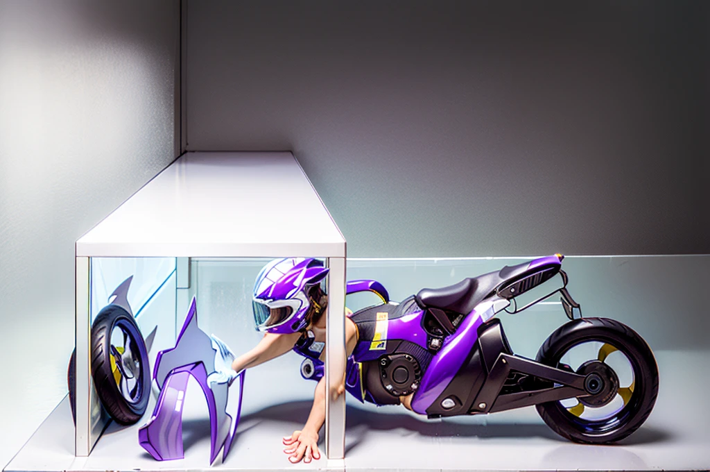 Ultra high resolution, masterpiece, highest quality, extremely detailed raw photograph, close-up, (half transformation), human motorcycle shiny smooth liquid metal motorcycle hybridization metamorphosis, wearing partial sportsbike costume, inside auto dealership garage, (half human), ((((purple gold)))), ((dripping liquid metal goo partial encasement)), human motorcycle hybrid