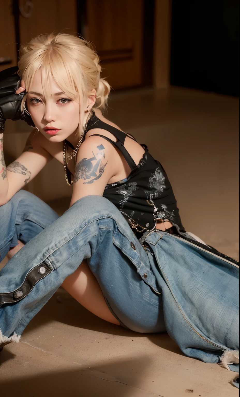 blonde woman with tattoos sitting on the floor with a bag, baggy jeans, grunge aesthetic, moda grunge, grunge aesthetic!!!, grunge aesthetic!!! (, vestindo um folgado, pose casual, 2 modelo feminino de 4 anos, various poses shooting photos, parece uma mistura de sujeira, de garota taiwanesa com tatuagens, she is wearing streetwear, Estilo grunge