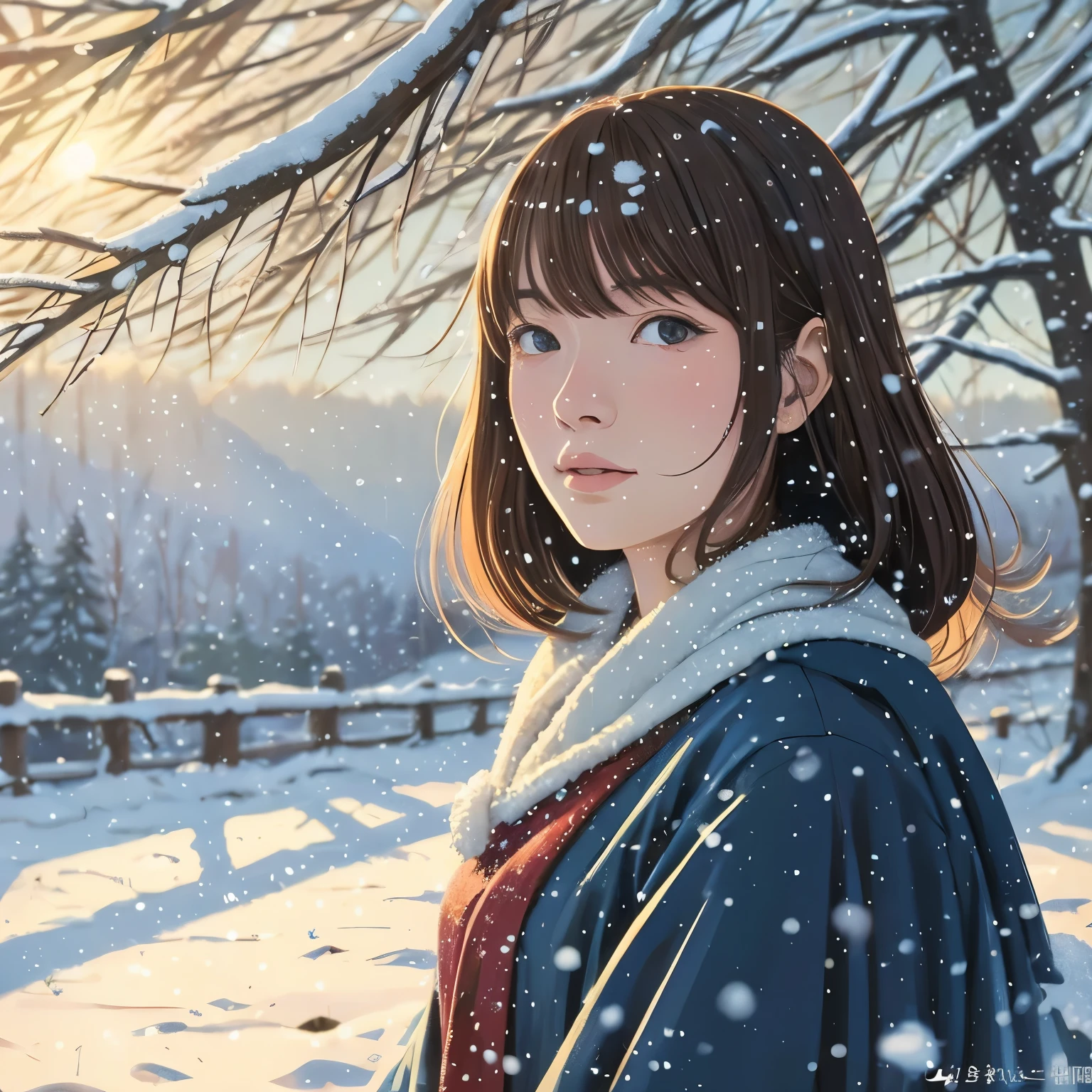 Illustration style、Ukiyo-e、Showa Anime、Woman facing this way、Japanese、The morning sun is shining in the background、Shinkai Makoto style、The season is winter、You can see the forest in the distance、It's snowing、 (highest quality, super detailed, portrait, Natural light)