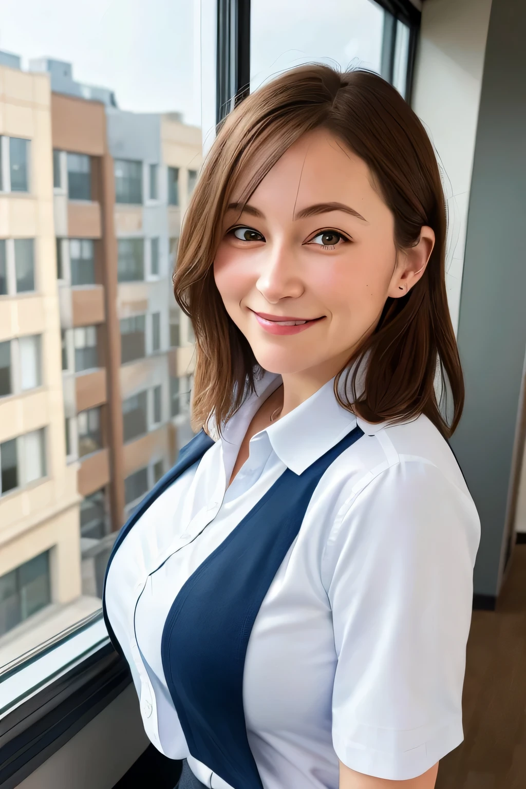 1 girl, mature woman, school uniform, photograph, realistic, highest quality, approved, detailed face, smile: 1.5, brown hair, office, building seen from the window, detailed background, diffused sunlight, written boundary depth, Bokeh, your face when you're with the person you love, big and disturbing breasts: 1.5, perfect body