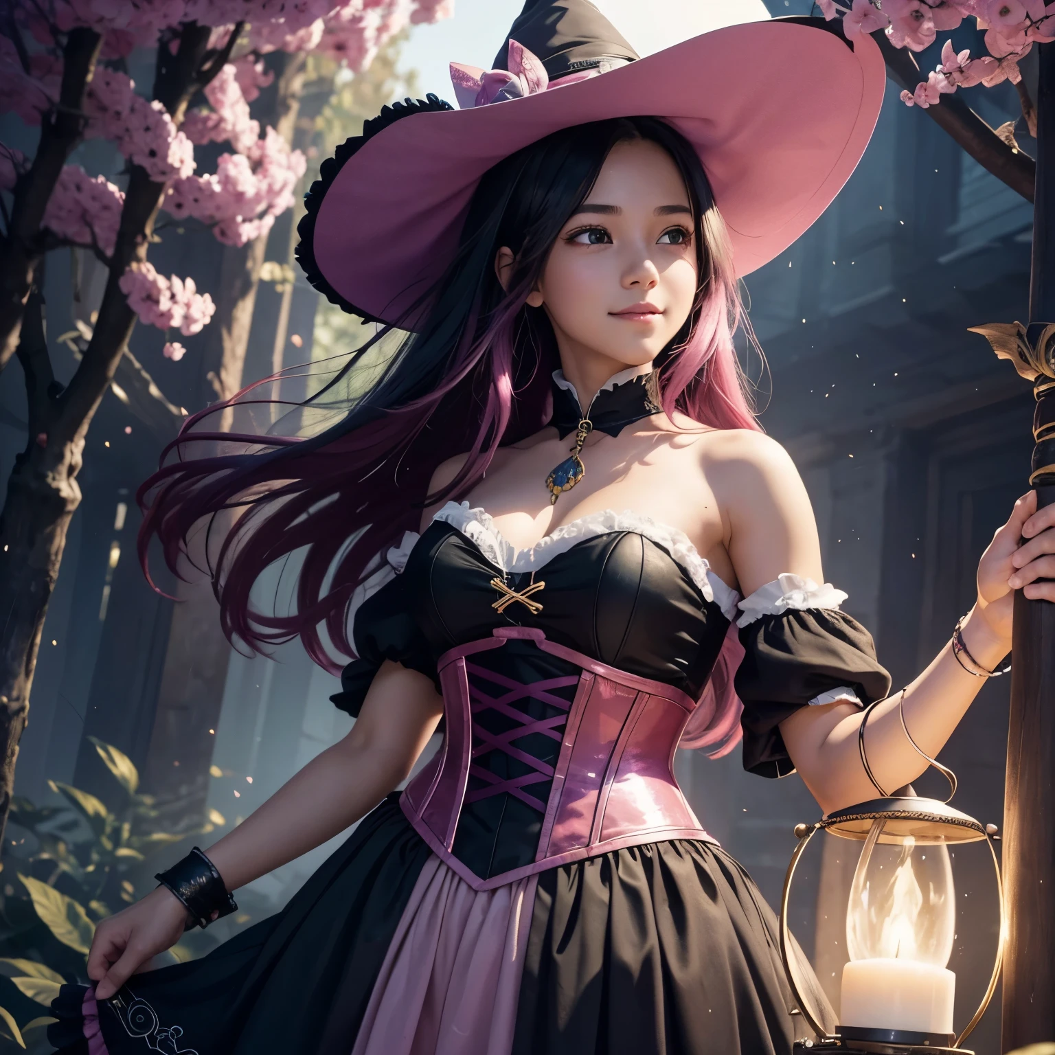 A teenage boy finds himself in a magical moment of transformation, as a witch brings about a whimsical change. The boy undergoes a complete gender bending and experiences a magical sex change ritual, resulting in a cute and charming girl. The new girl also becomes the apprentice of the witch. She’s wearing a black Victorian dress with a corset and a witch hat. The artwork embraces an anime style, with vibrant and expressive visuals. The main focus of the image is the newly transformed girl, radiating joy and contentment. Her eyes, intricately detailed in a beautiful shade of pink, sparkle with excitement and curiosity. The transformation has also given her long black hair, adorned with subtle hints of pink dye, adding a touch of whimsy to her appearance. To enhance the overall quality of the image, please ensure that it captures the best quality, with attention to detail such as high resolution (4k, 8k), and a level of realism (1.37 photorealistic). The artwork should also showcase ultra-detailed features that are realistic and visually captivating. In terms of art style, the image should reflect an anime influence, capturing the essence of this beloved genre. The color palette should be vibrant and vivid, breathing life into the scene and emphasizing the joyful atmosphere. To bring the image to life, consider incorporating studio lighting techniques, which will add depth and dimension to the artwork. The lighting should emphasize the protagonist and enhance the colors and details in the scene. Additional details to consider can include the surrounding environment or any magical elements that might enhance the narrative. However, please ensure that the details complement the main theme and do not overwhelm the composition. Overall, the goal is to create a visually stunning artwork that captures the magical moment of transformation and the happiness radiating from the newly transformed girl.
