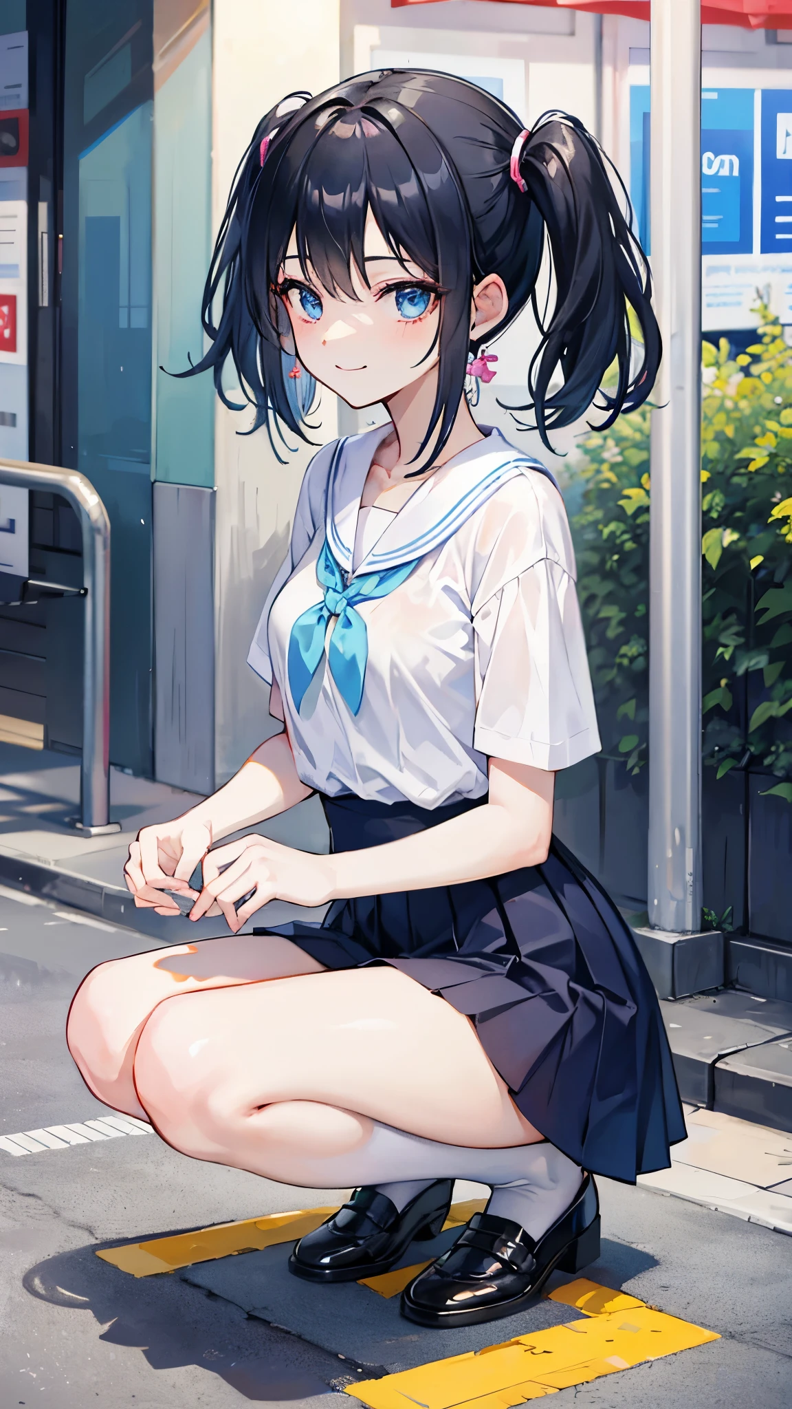 (8K、Highest image quality、highest quality、masterpiece)、detailed face、1 girl、black hair、short hair、((twintails))、light blue eyes、((evil smile))、earrings、small breasts、white shirt、short sleeve、light blue miniskirt、pink panties、white socks、loafer、squatting、Taken from the side、Downtown background at night