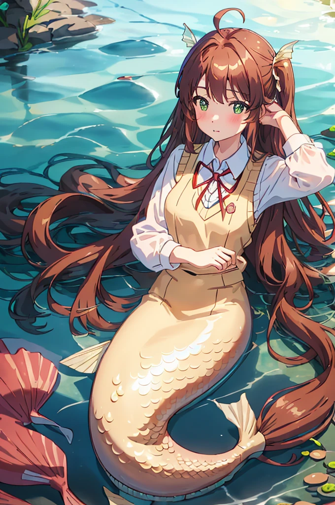 mermaid, gold mermaid, best quality, masterpiece, highres, solo, {koshigaya_komari_nonnonbiyori:1.15}, brown_hair, long_hair, green_eyes, blush, antenna_hair, bangs, 1girl, collared_shirt, day, indoors, looking_at_viewer, neck_ribbon, red_ribbon, ribbon, school_uniform, shirt, sky, sweater_vest, white_shirt, window, ahoge, full body, closed_mouth, cloud, from_outside, water, underwater, sea, 