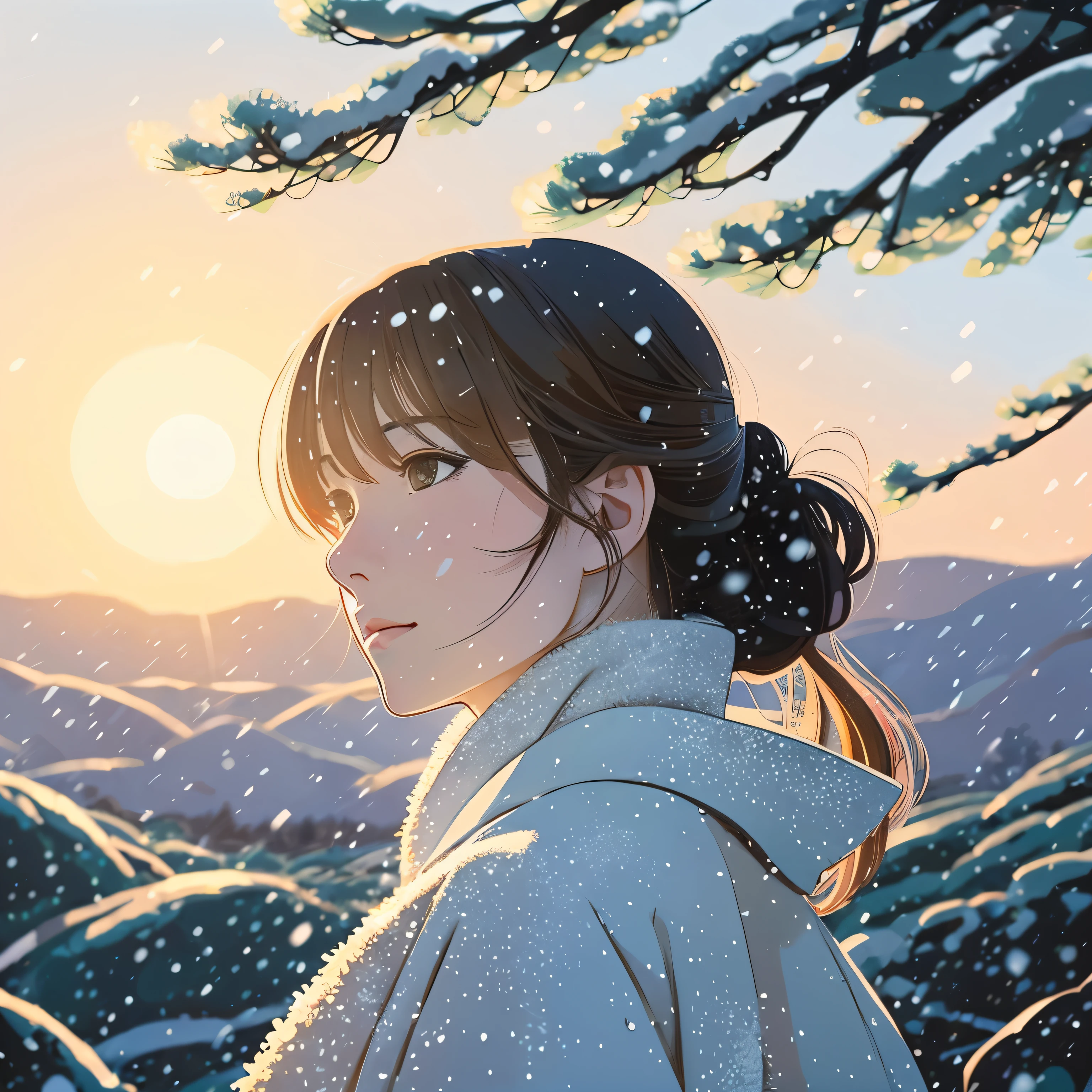 illustration style、ukiyo-e、Showa anime、Woman facing this way、Japanese、The morning sun is shining in the background、Shinkai Makoto style、The season is winter、You can see the forest in the distance、that&#39;It&#39;s snowing、 (highest quality, Super detailed, portrait, Natural light)