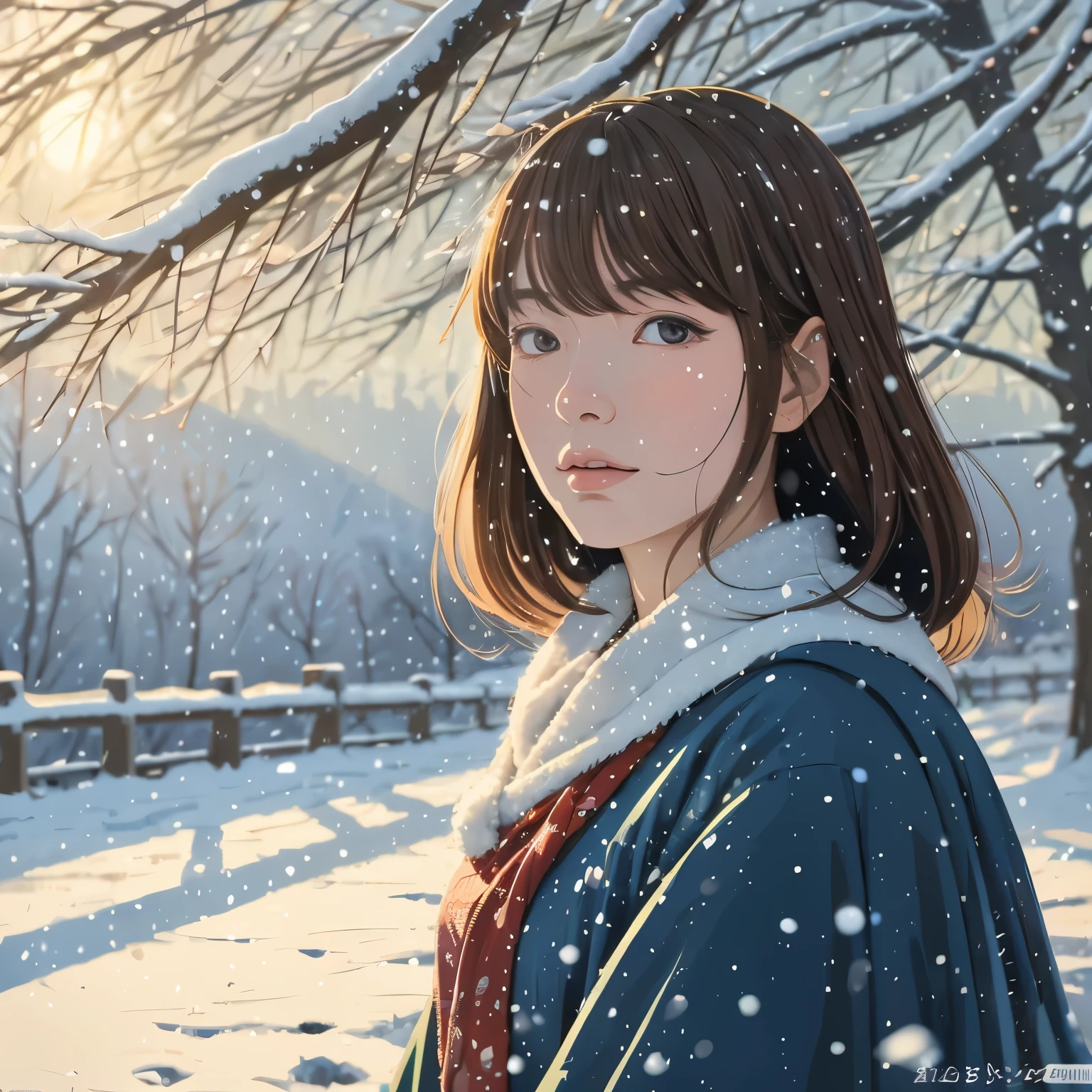 Illustration style、Ukiyo-e、Showa Anime、Woman facing this way、Japanese、The morning sun is shining in the background、Shinkai Makoto style、The season is winter、You can see the forest in the distance、It's snowing、 (highest quality, super detailed, portrait, Natural light)