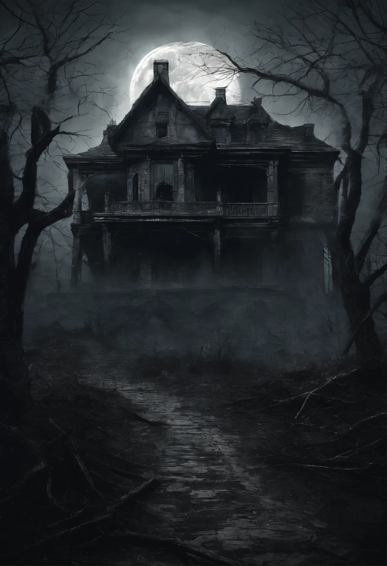 old dilapidated three-story brick or stone house in the distance with a balcony and terrace, the road to the house covered with the roots of old dried trees, night, big moon, bats, tense atmosphere, (Best Quality, 16K, Masterpiece, Ultra HD:1.3, Huge detail, hyper realistic, epic scale, insane level of details)