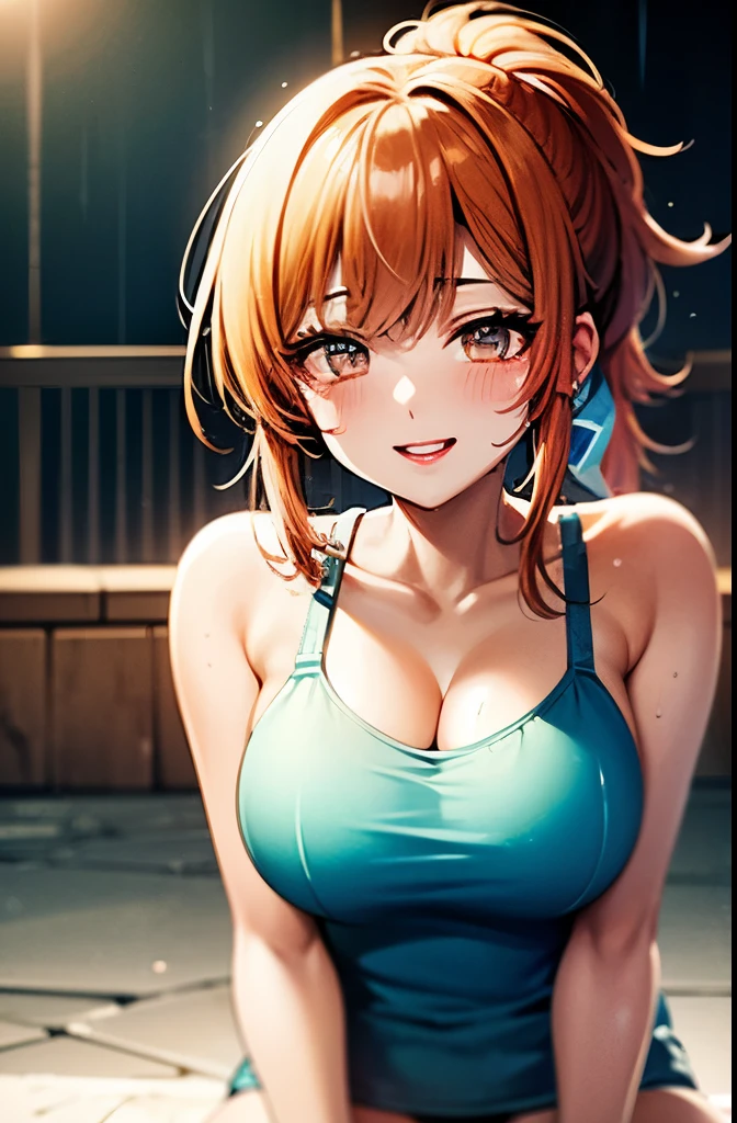 gals,sologirl,Back alley in heavy rain,Drenched bad girl,piercings,gal make,Gal style fashion,(The whole body soaking wet,Rainwater dripping from the face,Wet face,wetting hair,Wet and glowing skin,Soaking wet costumes,),(Glossy light brown and orange two-tone hair,Short ponytail),(The composition of the princess's face,big eye,Pointed lips,red lipsticks,Cute round face,A smile that makes the viewer happy,blushing with embarrassment,red blush,),(Bold poses),(The 8k quality,masutepiece,top-quality,Ultra-high resolution output image,),intricate detailes,(Highly detailed raw photos:1.3),(Image Mode Ultra HD),crouching down,