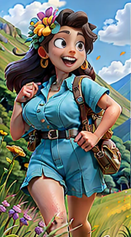 (Best quality, masterpiece), a cute girl with huge boobs and with a hiking bag on her back, running on a mountain path with tall flowers and meadows on both sides, sun, nature, spring, happiness, blue sky in the background