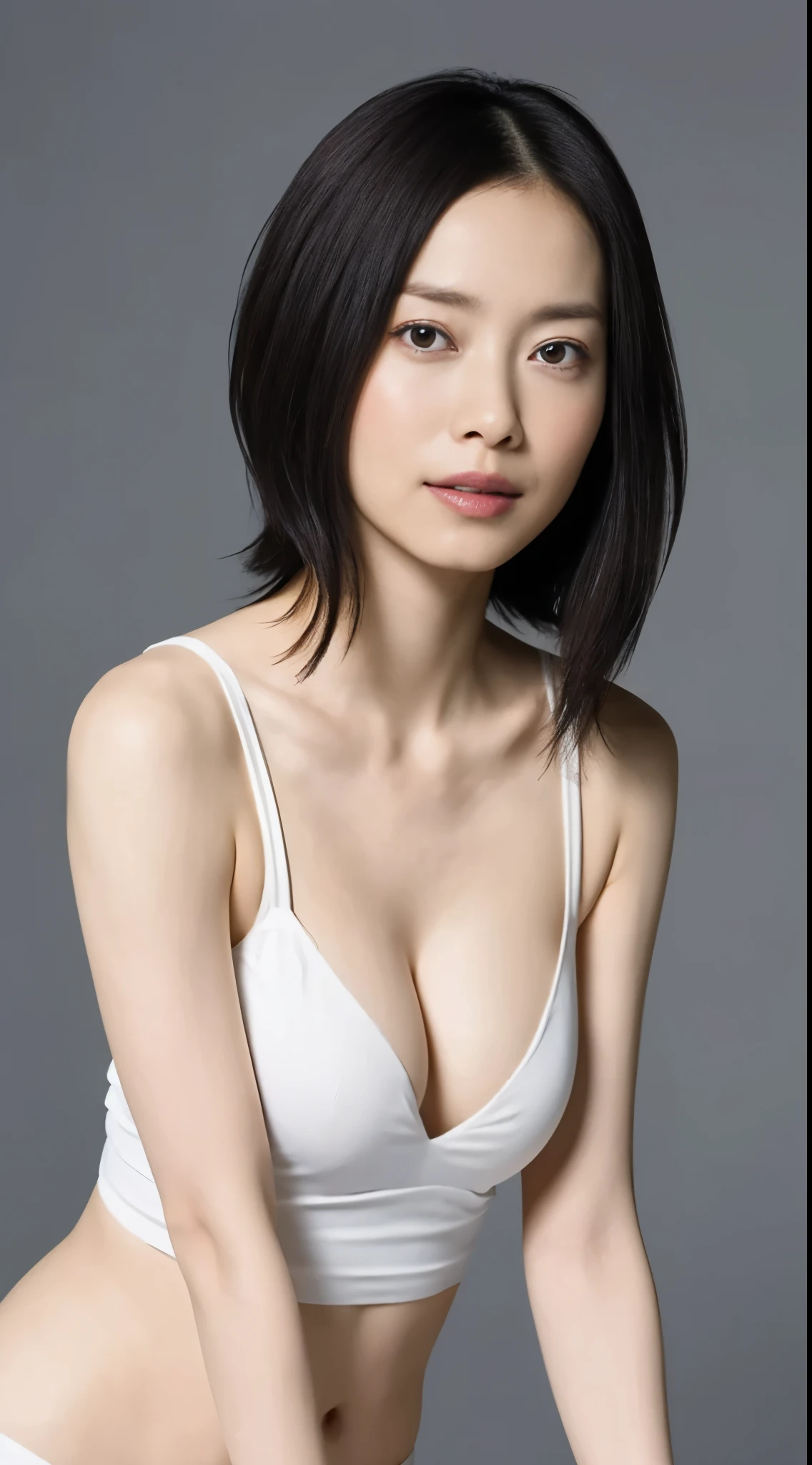 Japanese, Women of short stature, petite physique, Medium build, medium height, slightly plump, Short arms, single eyelid, long slit eyes, Ephemeral atmosphere, 30-year-old girl, black bob hair, ((thin lips)), white top and bottom underwear, muste piece, best quality, detailed skin, detailed eyes, ,8K, good anatomy, upper body portrait