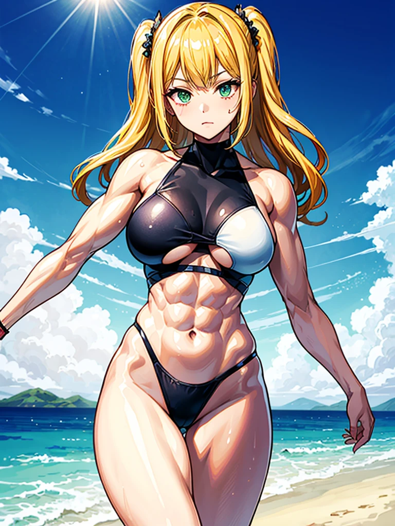 (((masterpiece、Highest image quality、highest quality、highly detailed unity 8kwallpaper)))、((Illustration of one girl))、(((beautiful girl)))、((blonde、two side up:1.4、sidelocks:1.6、green eyes))、(((stocky build:1.5, thickset physique:1.6, muscular legs, broad shoulders:1.6, solid chest:1.5)))、swimsuit、sandy beach