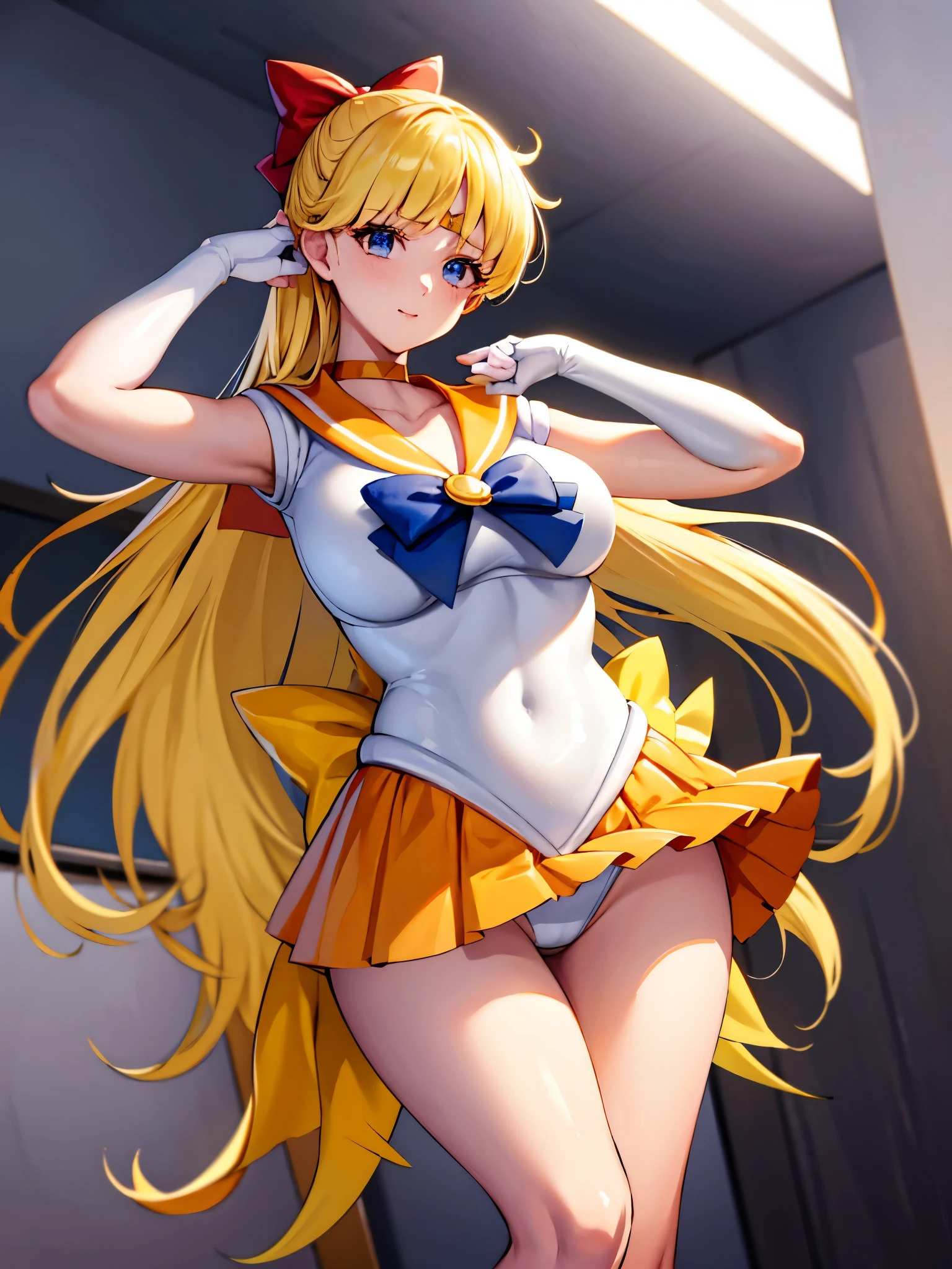 sailor_senshi_uniform, Anime Aunt, mature woman, sailor_false collar, Skirt, aino minako, ソロin, Braids, white gloves, sailorvenus, Blonde long-Hairy pubic areaed woman, elBraidsgloves, Red ribbon on head, Orange sailor false collar, Golden sailor false collar, Back_Braids, orange choker, Golden choker, Jewelry is, blue eyed woman, Orange Skirt, Golden Skirt, Magical_horny girl, earrings, circlet, Skirt rift, shy smile, rining:safe, Leotard figure, pleinedSkirt, Underwear, Lifted_by_Own, half up hair, bare shoulders, bare legs, cowboy_firing, false collarbone, Shiny, look up_in_viewer, panties, Purple ribbon on chest, Woman standing, Shiny_Hairy pubic area, bangs, eyebrows_Pussy visible_Through_Hairy pubic area, Hairy pubic area_Braids, closed_Mouth, High leg, very_long_Hairy pubic area, Shiny_Hug, heart mark, White Leotard figure, white dress, huge boobs