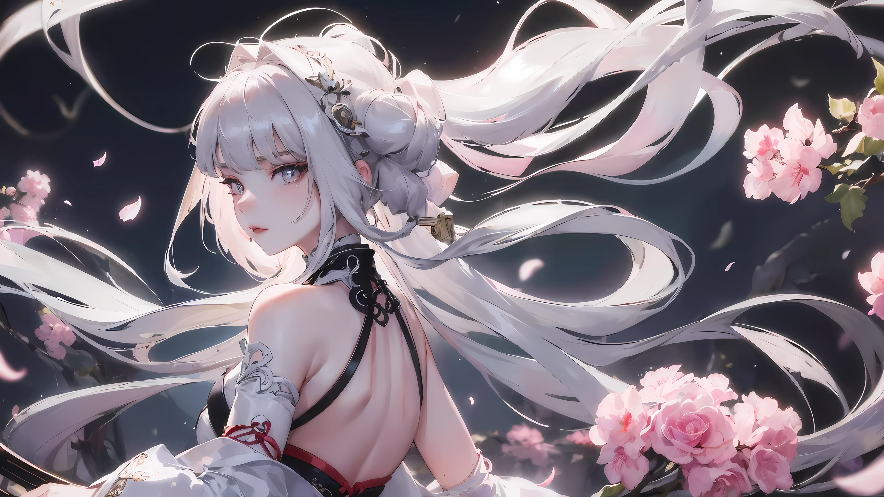 8K, masterpiece, best quality, night, full moon, (((((((1 girl))))))), Chinese style, Chinese architecture, mature woman, sister, silver white long haired woman, long hair, light pink lips, calm, rational, bangs, gray pupils, assassin, turn around, back, turn back, petals flying, delicate face,