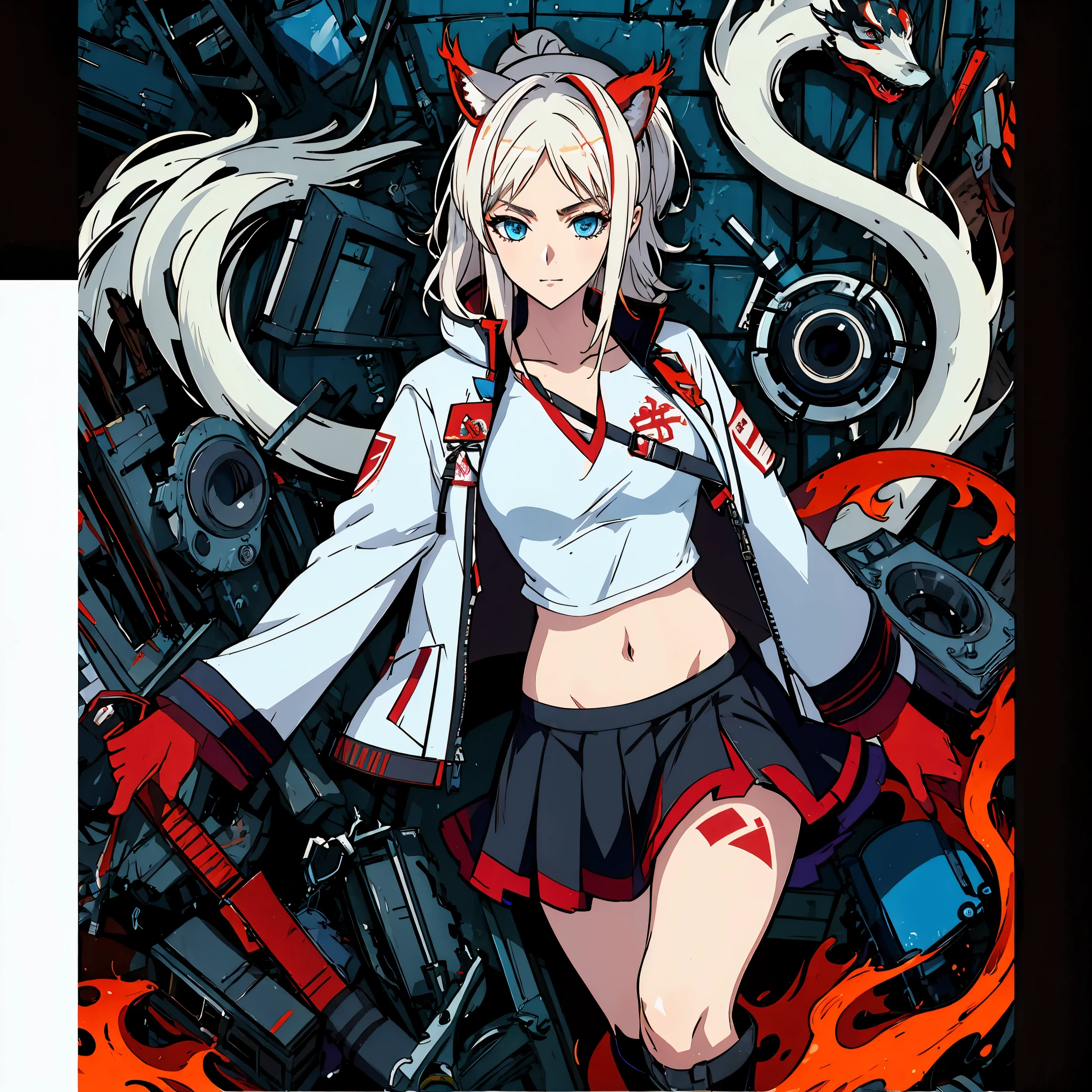 8k, resolution, high quality, high resolution, best quality, extremally detailed, best resolution, absurd resolution, ray tracing, high detailed, masterpiece, extremely detailed,shoulder length white hair, female,2 white wolf ears, teenage girl, slim body, white scale dragon tail,black boots,black leggings, navel blue school skirt, sailor shirt, white jacket, medium size chest, detailed blue eyes, detailed beautiful face,solo female,1 dragon tail, detailed eyes, tomboyish