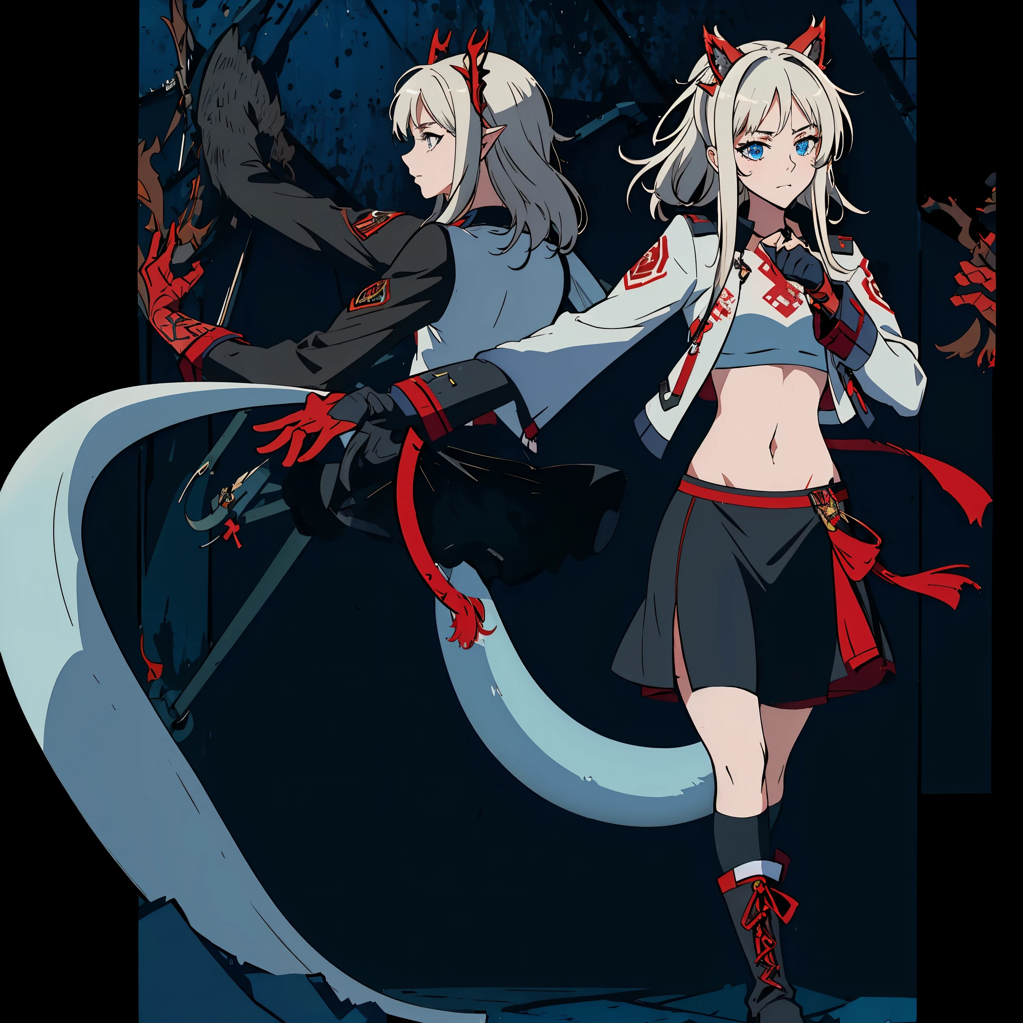 8k, resolution, high quality, high resolution, best quality, extremally detailed, best resolution, absurd resolution, ray tracing, high detailed, masterpiece, extremely detailed,shoulder length white hair, female,2 white wolf ears, teenage girl, slim body, white scale dragon tail,black boots,black leggings, navel blue school skirt, sailor shirt, white jacket, medium size chest, detailed blue eyes, detailed beautiful face,solo female,1 dragon tail, detailed eyes, tomboyish