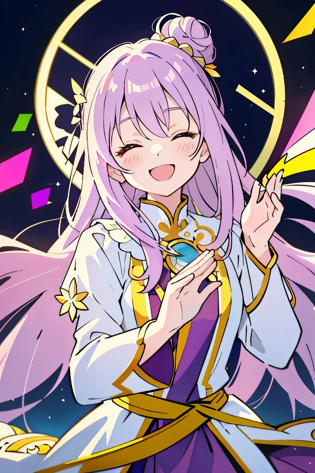 girl,blush,(light purple hair:1.2),(Smooth long hair:1.2),(Bun in the middle:1.3),(Close your eyes and smile:1.35),(smiling with open mouth:1.25),(Colorful and gorgeous atmosphere like stained glass:1.25),(A costume with a flowing silhouette like a goddess:1.3),(Dressed like a goddess from Greek mythology:1.25),(Banzai pose with both hands raised high:1.3),(raise your hands with joy:1.25),(close up of face:1.2),(Brightness:1.35),