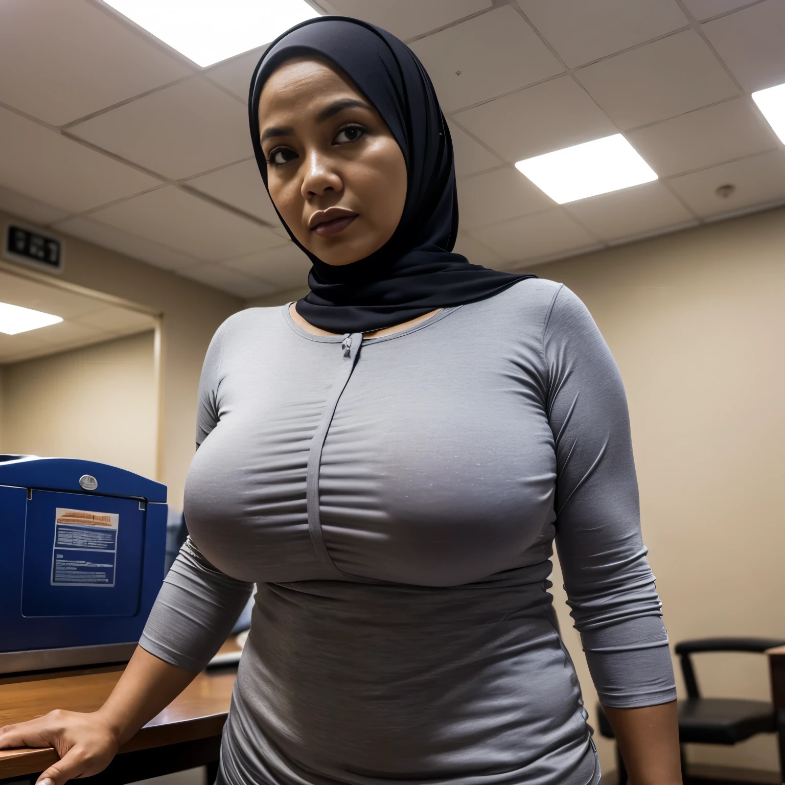 52 years Old, Hijab Indonesian mature woman, Massive Gigantic Round Tits : 196.9, Long-sleeveles Shirt, Slim body, Breast about To burst out, at doctor office, Dark light, at Nighttime