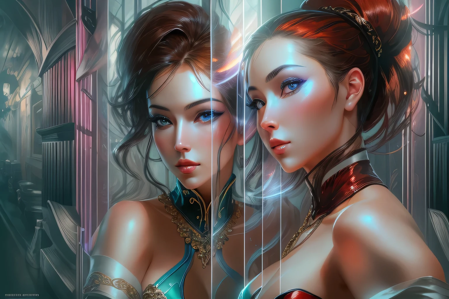 masterpiece, highest quality, (perfect face:1.1) , (high detail:1.1), dramatic, female triplets, breasts, Strong contrast/_flowing_contours biomechaical__airbrush___strange_ art_deco_border___porcelain_and_platinum / A futuristic looking woman with porcelain skin / extreme intricacy / there a woman with glossy red catsuit posing for a picture, , trending on Artstation, icelandic, very sexy outfit, sexy outfit, transparent latex outfit, , revealing outfit, and face, very tight corset / face of Kendra Lust / Huge breasts / uncovered arms / A busty 40 year old woman / long flowing purple hair / dark motel room background, body piercings, Chun Li thighs, neck chains, castle, detailed background, art by artgerm and greg rutkowski, cinematic lighting