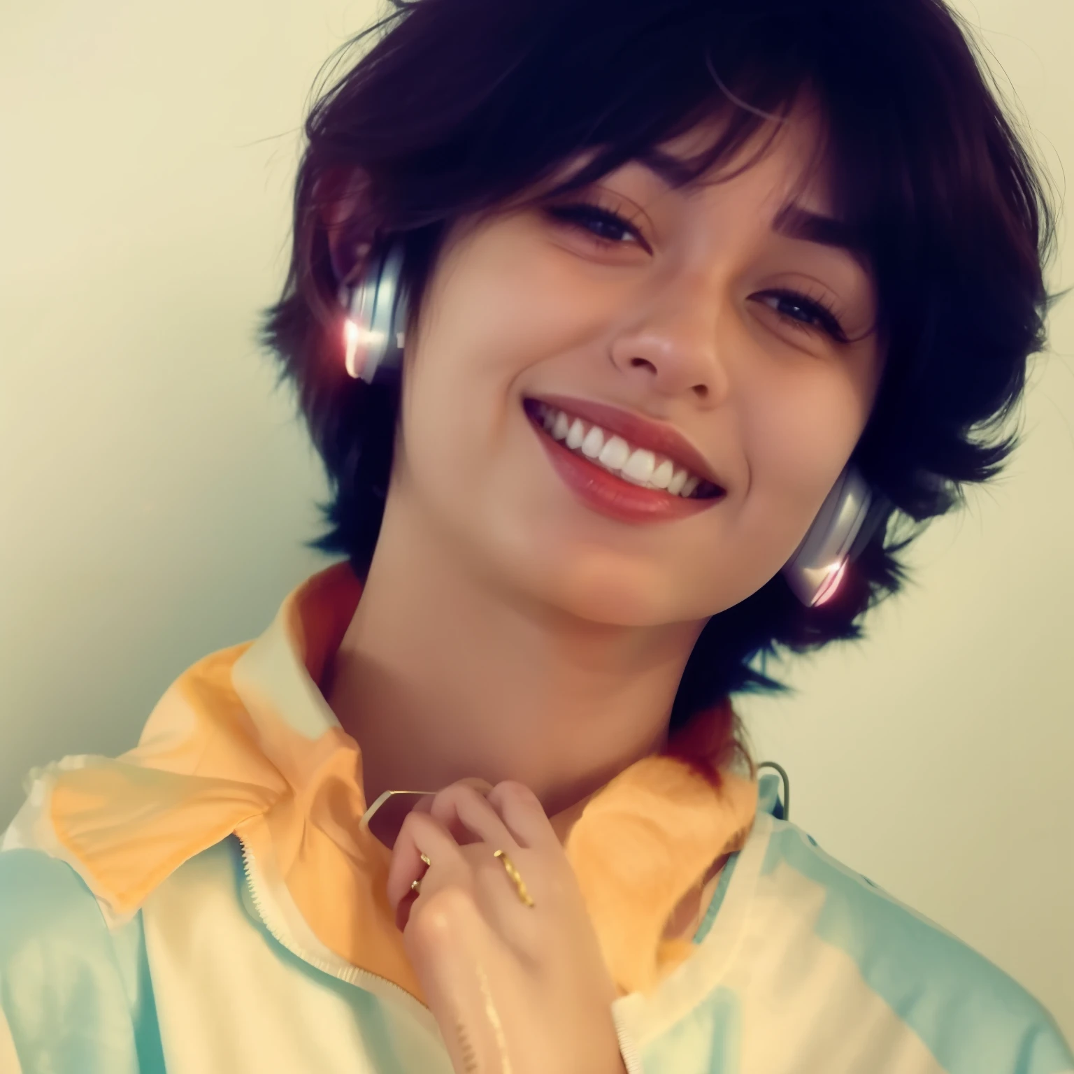 woman with headphones smiling and looking at camera, cabelo escuro curto e cacheado sorrindo, aykut aydogdu, Finn Wolfhard, pelo iraquiano Nadar, com cabelo curto with bangs, Nika Maisuradze, com cabelo curto, charli bowater, cabelo castanho curto e olhos grandes, embaralhamento dos namorados, Sofia Melenko