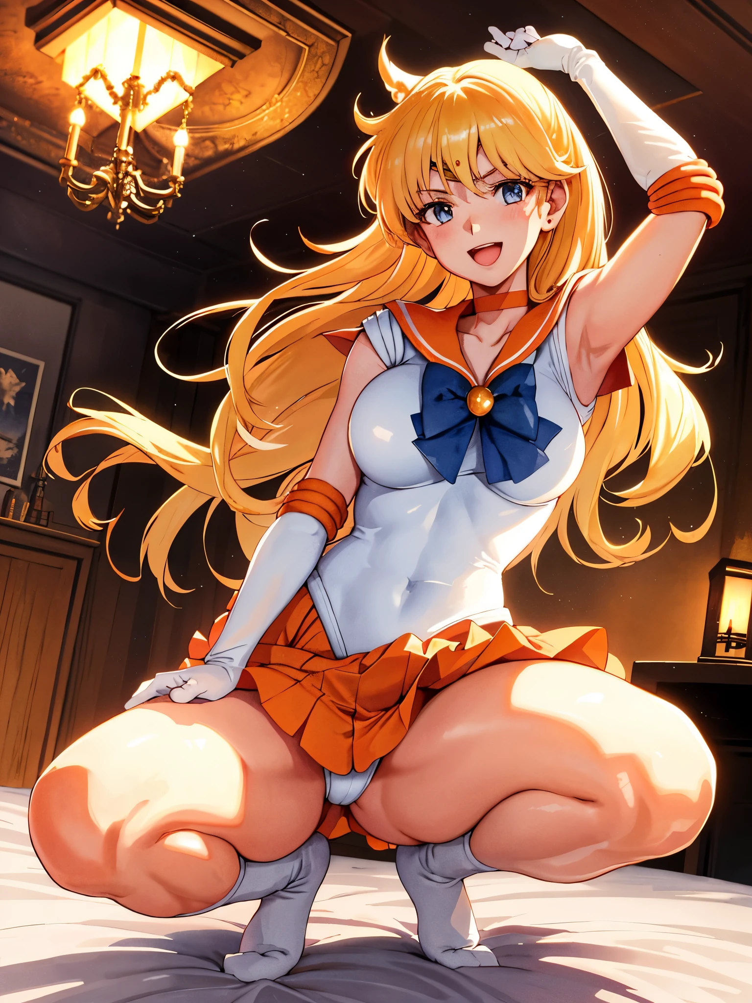 masterpiece, highest quality, High resolution, SV1, 1girl, Sailor Senshi Uniform, Medium chest, smile, open your mouth, Orange skirt, elbow bag, tiara, Orange sailor color, red bow, Orange choker, white gloves, jewelry,smile, brush, from below, panty shot, love juice, bedにしゃがむ, white leotard, mature woman, Gorgeous fabrics, Leather texture, dramatic lighting, cinematic shots, atmosphere, Depth of bounds written, comic style, Watercolor style、floting hair、Wind、Windリフト、shiny hair、bed、Bedroom、arm behind head