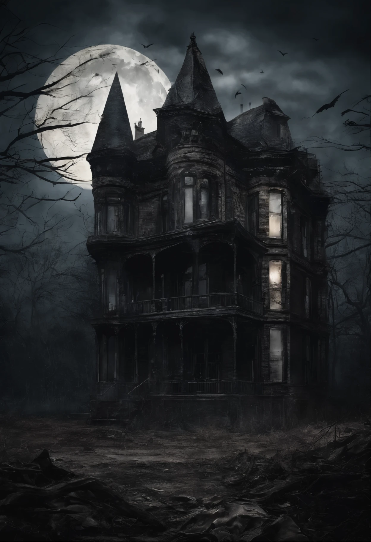 old dilapidated three-story brick or stone house in the distance with a balcony and terrace, the road to the house covered with the roots of old dried trees, night, big moon, bats, tense atmosphere, (Best Quality, 16K, Masterpiece, Ultra HD:1.3, Huge detail, hyper realistic, epic scale, insane level of details)