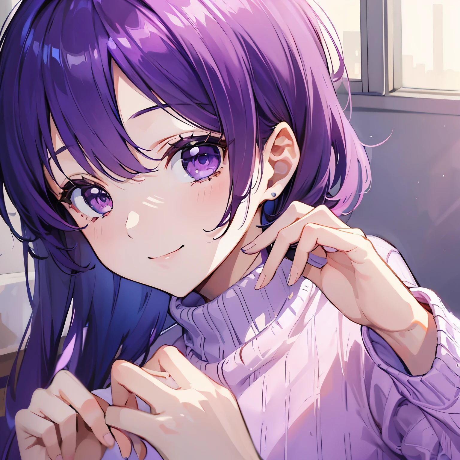 (T Masterpiece，4k wallpaper，best quality))、((girl１people))、(solo)、Brilliant，(purple hair)、(shortcut:1.3)、close up of face、smile、Bedroom、morning、sweater