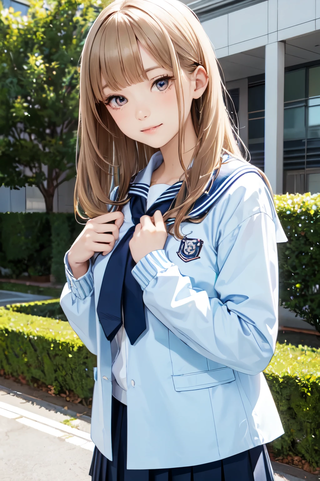 (In 8K, best quality, muste piece:1.2)、ultra high resolution,1 very beautiful girl, 、ultra-detailed face,detailed eyes,cinema lighting、Tree eyes,well-groomed nose、blonde、blunt bangs,((hime cut)),long straight hair,sensuous smile,nose blash,long hair,BREAK,school uniform, blazer,Navy blue jacket,BREAK,((sailor collar shirt、white shirt)), ((light blue ribbon tie)), navy pleated skirt,long sleeves,BREAK,captivate your audience,Schoolyard with a view of the school building