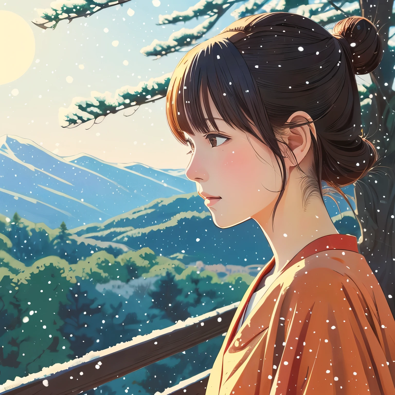 Illustration style、Ukiyo-e、Showa Anime、Woman facing this way、Japanese、The morning sun is shining in the background、Shinkai Makoto style、The season is winter、You can see the forest in the distance、It&#39;s snowing、 (highest quality, super detailed, portrait, Natural light)