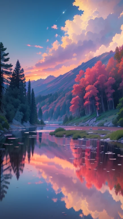 There is a beautiful sunset with the lake and trees in the background., Brilliant skies, Surreal colors, colorful sunset, Brilliant skies, amazing reflections in the sky, Wonderful skies, dream like atmosphere 8k, colorful clouds, Colors reflected in the lake, Surreal skies, Red and blue reflections, Unreflective, beautiful sky, Beautiful and majestic twilight, Beautiful dreamy scenery, Amazing skies