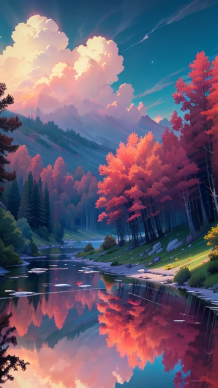 There is a beautiful sunset with the lake and trees in the background., Brilliant skies, Surreal colors, colorful sunset, Brilliant skies, amazing reflections in the sky, Wonderful skies, dream like atmosphere 8k, colorful clouds, Colors reflected in the lake, Surreal skies, Red and blue reflections, Unreflective, beautiful sky, Beautiful and majestic twilight, Beautiful dreamy scenery, Amazing skies