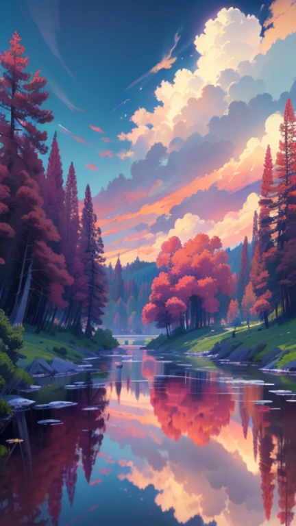 There is a beautiful sunset with the lake and trees in the background., Brilliant skies, Surreal colors, colorful sunset, Brilliant skies, amazing reflections in the sky, Wonderful skies, dream like atmosphere 8k, colorful clouds, Colors reflected in the lake, Surreal skies, Red and blue reflections, Unreflective, beautiful sky, Beautiful and majestic twilight, Beautiful dreamy scenery, Amazing skies