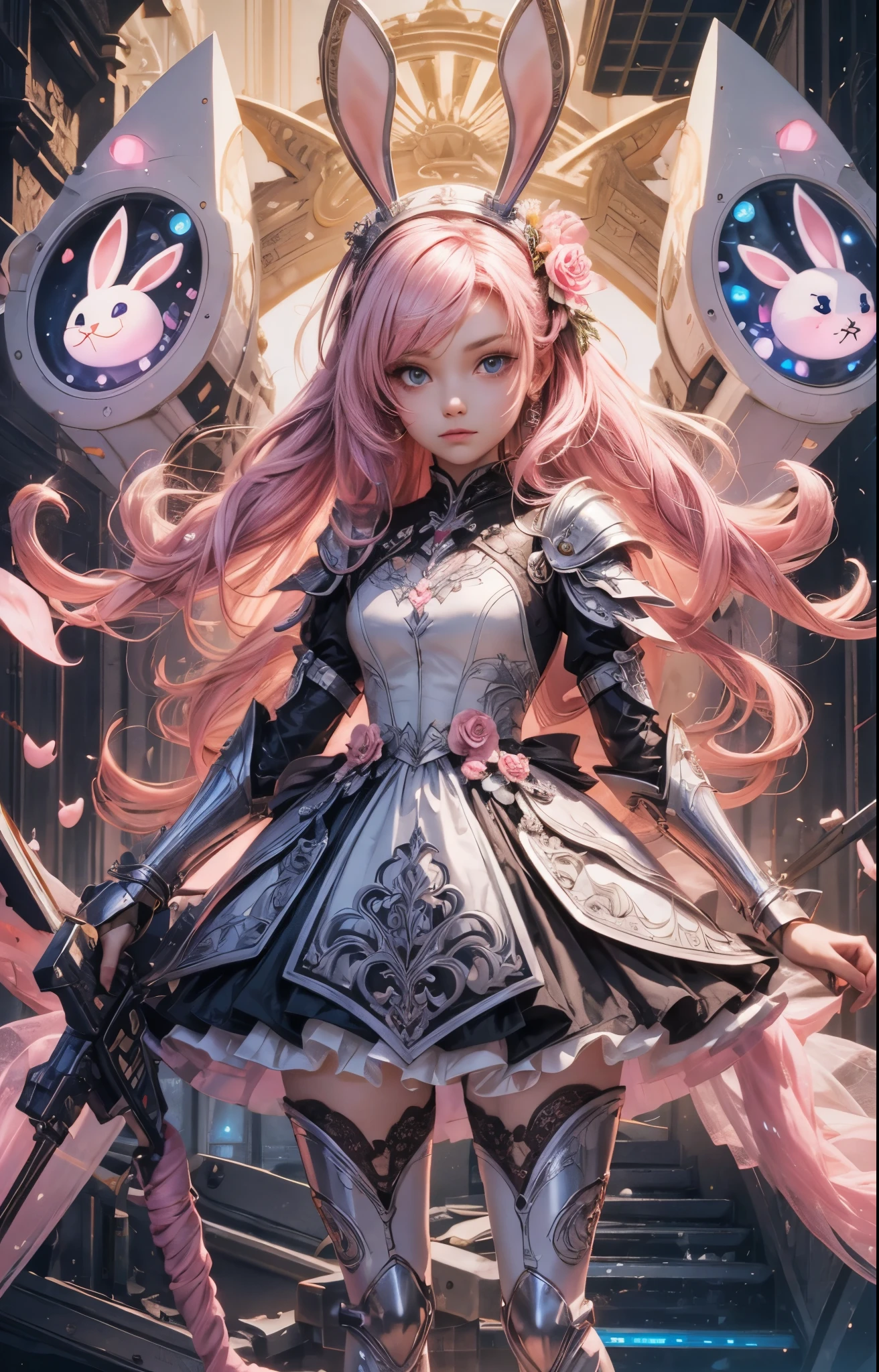 (detailed illustrations,Very detailed and precise drawing,Delicate drawn lines with tempo,Realistic texture expression),[color traced main line],(fantasy world battlefield [burning castle]),(GIRL ROBOT 12yo (pink rabbit [METALFACE[clear lenticular iris]])) [WEAPON MACHINE],(([petal] metal dress [frills]) [flower pattern] [Clear pink translucent armor that covers the body surface]) [ribbon]) [Energy tubes that glow at the joints],[use a sledgehammer as a weapon],[[Mobile Weapon Gigant Size][science fiction mechanical]],(Metallic luster on metal parts),(intricate and beautiful decoration [Dense detail]),(Precisely drawn face)[perfect eye details(Beautifully detailed iris)[eyes like jewels]],[long and beautiful eyelashes],[precisely drawn hair [Beautiful and shiny hair details]],(perfect hand details [Beautiful fingers with no damage [beautiful nails]]),(perfect anatomy(perfectly balanced proportions))[[full body portrait]],[ideal color coordination(Accurate simulation of light and material interactions)],[Visual art that tells a story].