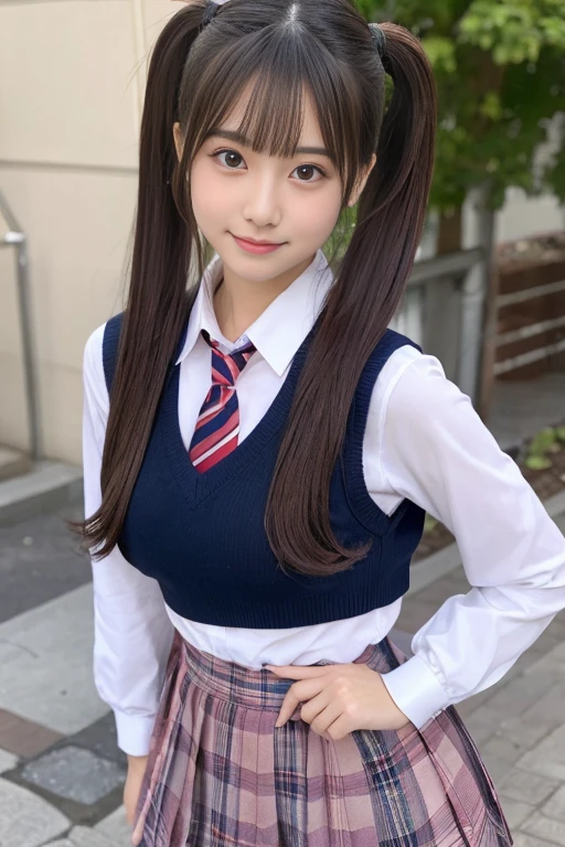 (Best Quality,4K,High resolution:1.2), Ultra-detailed, Realistic portrait, Best Quality, (outside japanese high school), (passionate scene),one very young looking high school girl, (intense emotion), (innocent look, school uniform, large round black rimmed glasses), ((stockings, cute face, standing, full body)), (perfect long legs, high waist mini pleated skirt, tight shirt), large brown eyes, long black hair, pigtails, cute smile, rose cheeks