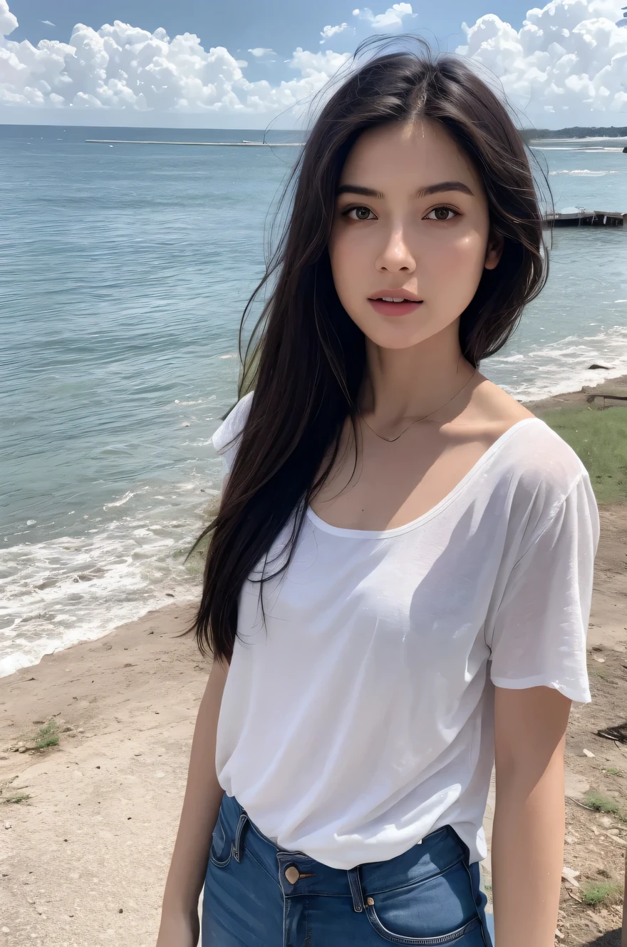 Wearing a see thru shirt, high definition on face and eyes, staring out to the ocean