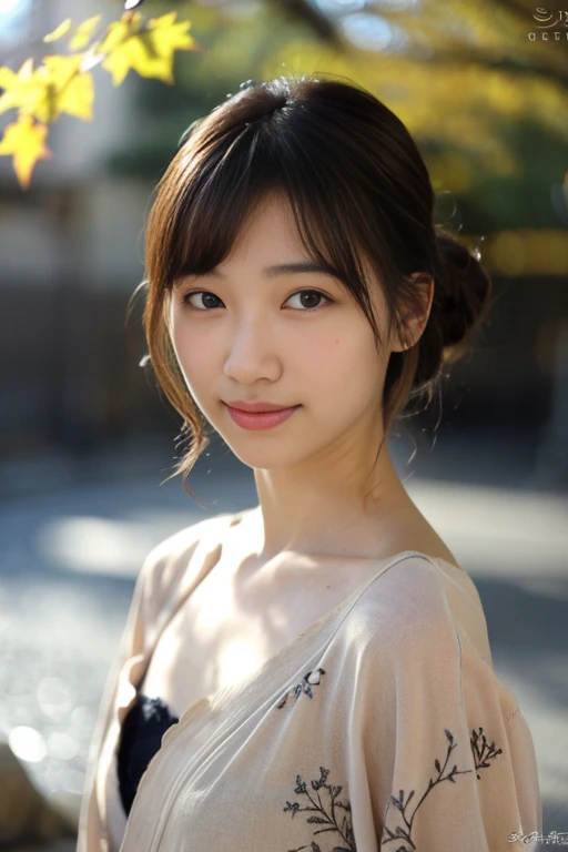 (realistic:1.3), rembrandt&#39;light masterpiece:1.2), (photorealistic:1.2), (highest quality), (fine skin:1.3), (intricate details), ray tracing,1 girl, japanese girl, 21 years old, fine skin texture, (blush:0.5), Scattered under the water, smile, updo hair, bangs, hair between eyes, hair ornaments, underwear, Floral, Wearing edgJF_kimono, Seiza (bright sunny day, autumn setting, autumn tree々And leaves, (zen garden:1.2)