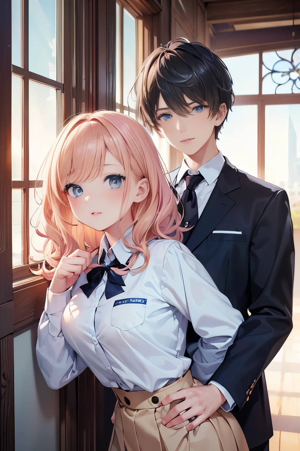 masterpiece, best quality, high resolution, ultra detailed, perfect anatomy, detailed face, detailed eyes, duo, ((1 girl and 1 boy)), (1 girl, girl with pink blonde wavy bob hair, girl with light blue eyes, beautiful girl), (1 boy, boy with black hair with bangs, boy with blue eyes, handsome boy) , blue school uniform, nsfw