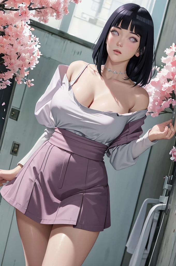 masterpiece, absurdres, hinata\(boruto\), 1girl, solo,mature female, off-shoulder, high waist short skirt, looking at viewelling petals), perfect composition, detailed lips, big breast, beautiful face, body propotion, blush, (pink lips), long hair, purple eyes, soft gaze, super realistic, detailed, photoshoot, realistic face and body,
