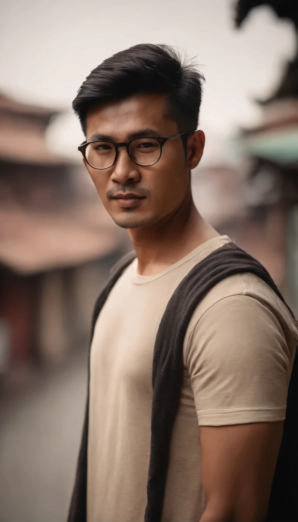 A cinematography portrait of an Asian man in half body shot with eyeglasses wearing creamy cotton t-shirt. Blurry Kathmandu city background