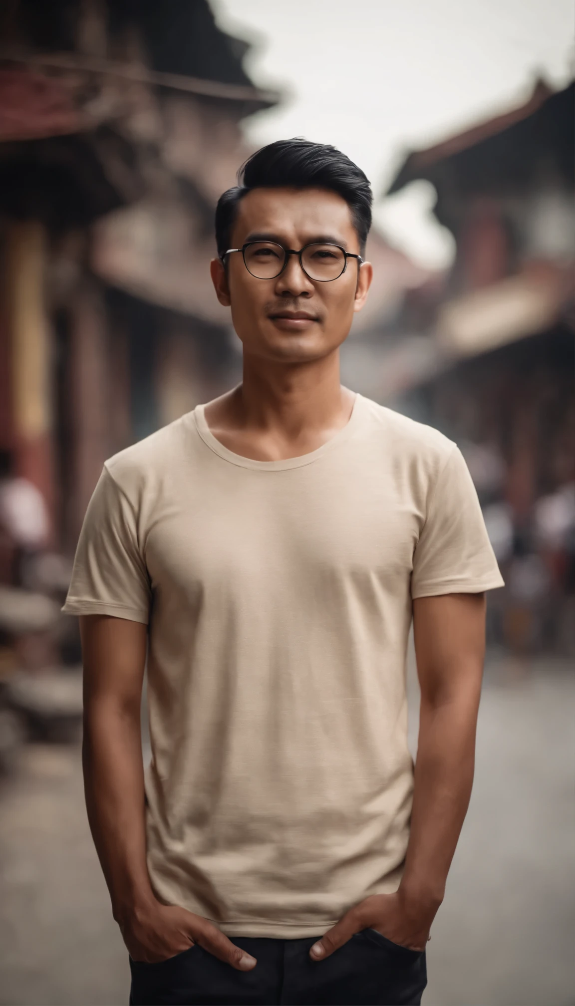 A cinematography portrait of an Asian man in half body shot with eyeglasses wearing creamy cotton t-shirt. Blurry Kathmandu city background