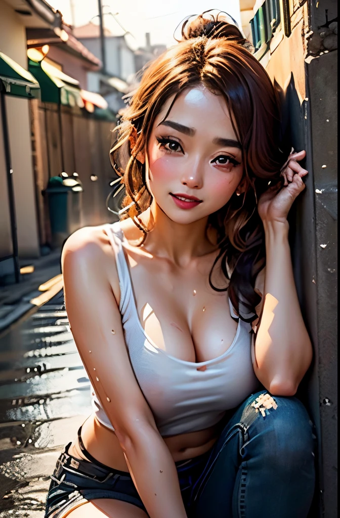 gals,sologirl,Back alley in heavy rain,Drenched bad girl,piercings,gal make,Gal style fashion,(The whole body soaking wet,Rainwater dripping from the face,Wet face,wetting hair,Wet and glowing skin,Soaking wet costumes,),(Glossy light brown and orange two-tone hair,Short ponytail),(The composition of the princess's face,big eye,Pointed lips,red lipsticks,Cute round face,A smile that makes the viewer happy,blushing with embarrassment,red blush,),(Bold poses),(The 8k quality,masutepiece,top-quality,Ultra-high resolution output image,),intricate detailes,(Highly detailed raw photos:1.3),(Image Mode Ultra HD),crouching down,