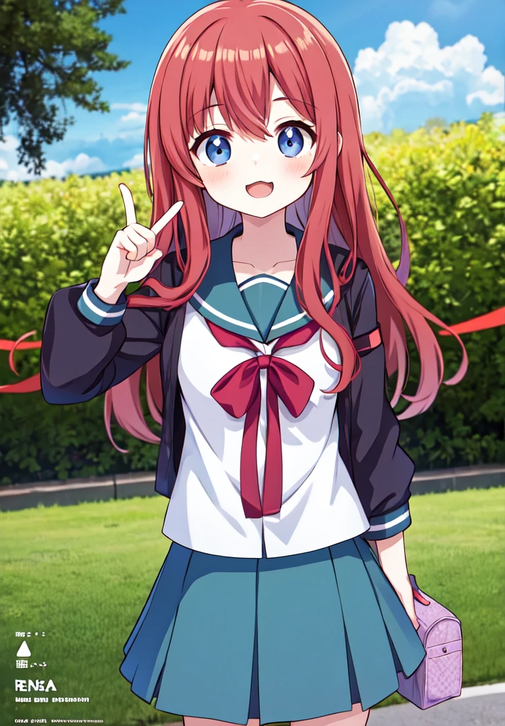 anime girl with red hair and blue skirt posing for a picture, yayoi kasuma, sayori, female protagonist 👀 :8, rin, umineko, yu - no, rei hiroe, steins gate, anime girl named lucy, rena nounen style 3/4, visual novel sprite, tsukasa dokite, with index finger