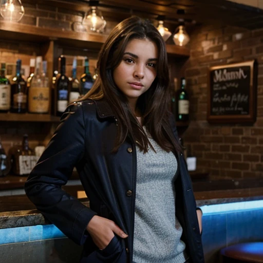 18 year old slim latina woman with brown hair wearing blue coat in a bar