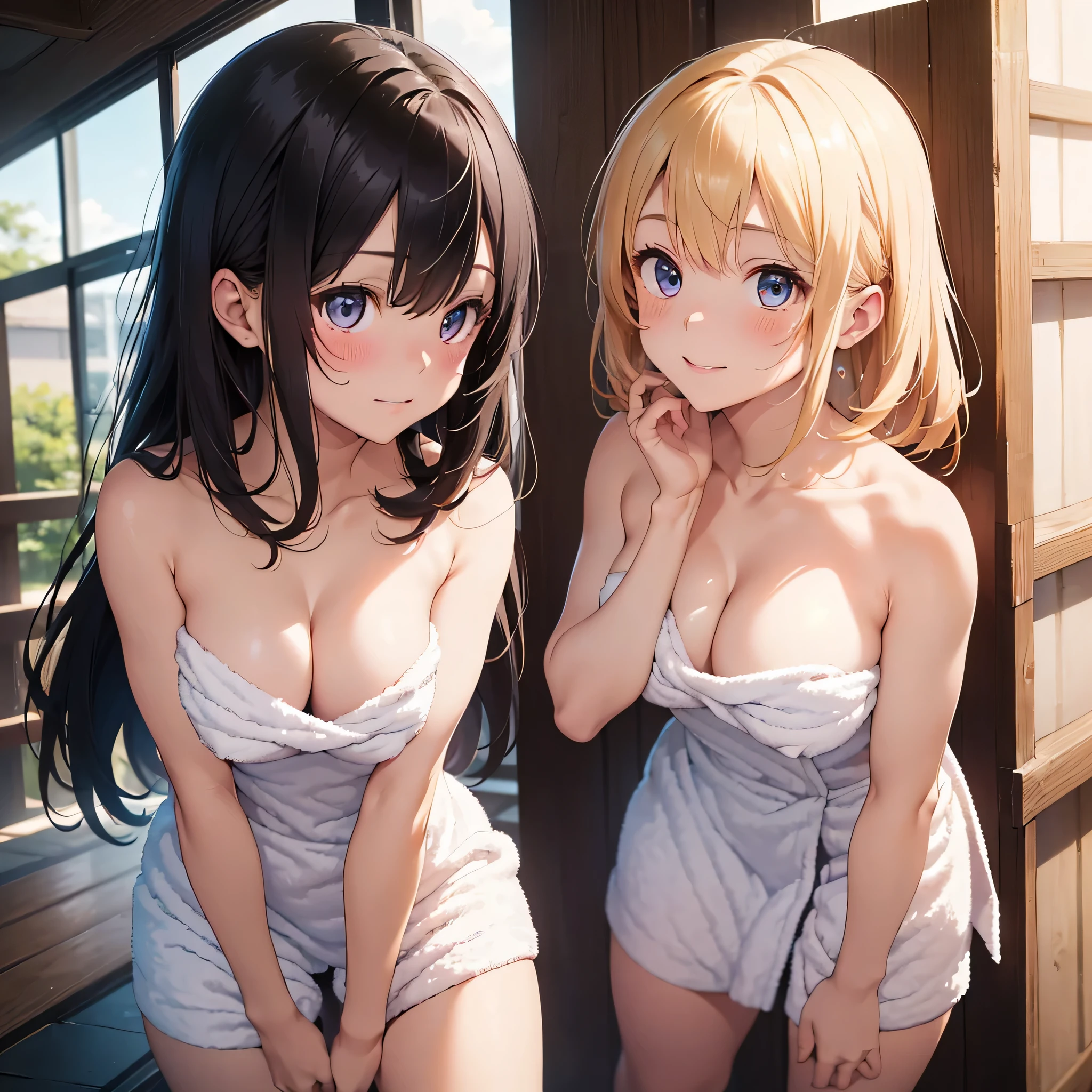 (masterpiece:2.0), (highest quality:2.0), (Leaning forward naked in a hot spring:1.5), (White tube top extra short towel:1.5), (super sexy pose:1.5), (look up from below:1.5), (perfectly exposed shoulders:1.5), (perfectly exposed nape:1.5), (blushing face:1.5), (cover your crotch with your hands:1.5), (cover your chest with your hands:1.5), (spilling breasts:1.5), (realistic:1.5), 1 little girl, very cute girl, precision small hands, You look embarrassed when you look at me, light smile, innocent face, young face, clear eyes, shining eyes, small breasts, I can see the side boob, I can see your shoulders, I can see the cleavage, no pubic hair, dynamic posing, beautiful skin, Super fine, highest resolution, Japanese high school student, golden hair