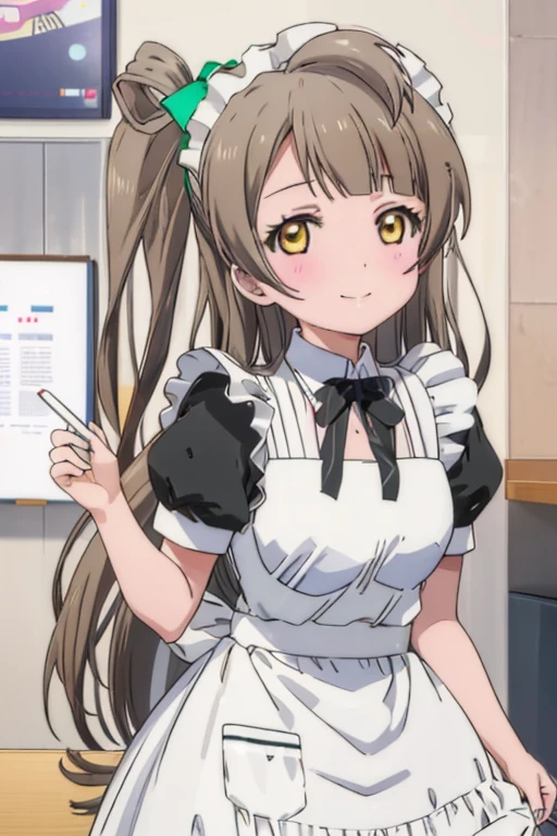 (((pixel perfect, detail perfect))), alone, 1 girl, Kotori Minami,  smile,maid, maid headdress, maid apron,coffee shop,Wink while looking back