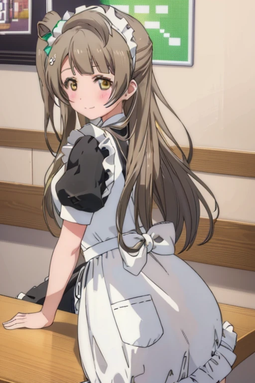 (((pixel perfect, detail perfect))), alone, 1 girl, Kotori Minami,  smile,maid, maid headdress, maid apron,coffee shop,Wink while looking back