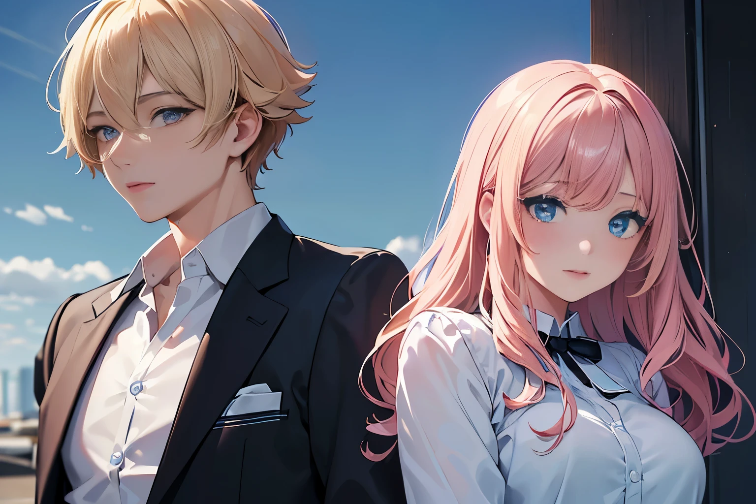 masterpiece, best quality, high resolution, ultra detailed, perfect anatomy, detailed face, detailed eyes, duo, ((1 girl and 1 boy)), (1 girl, girl with pink blonde wavy bob hair, girl with light blue eyes, beautiful girl), (1 boy, boy with black hair with bangs, boy with blue eyes, handsome boy) , blue school uniform, nsfw