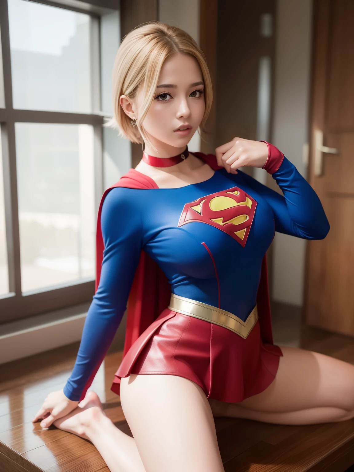 masterpiece、Supergirl costumes、short hair、barefoot、big and full breasts、research facility、operating table、straddle、corrupted、shiny、look at the camera、Seduce、choker、red mini skirt、long sleeve